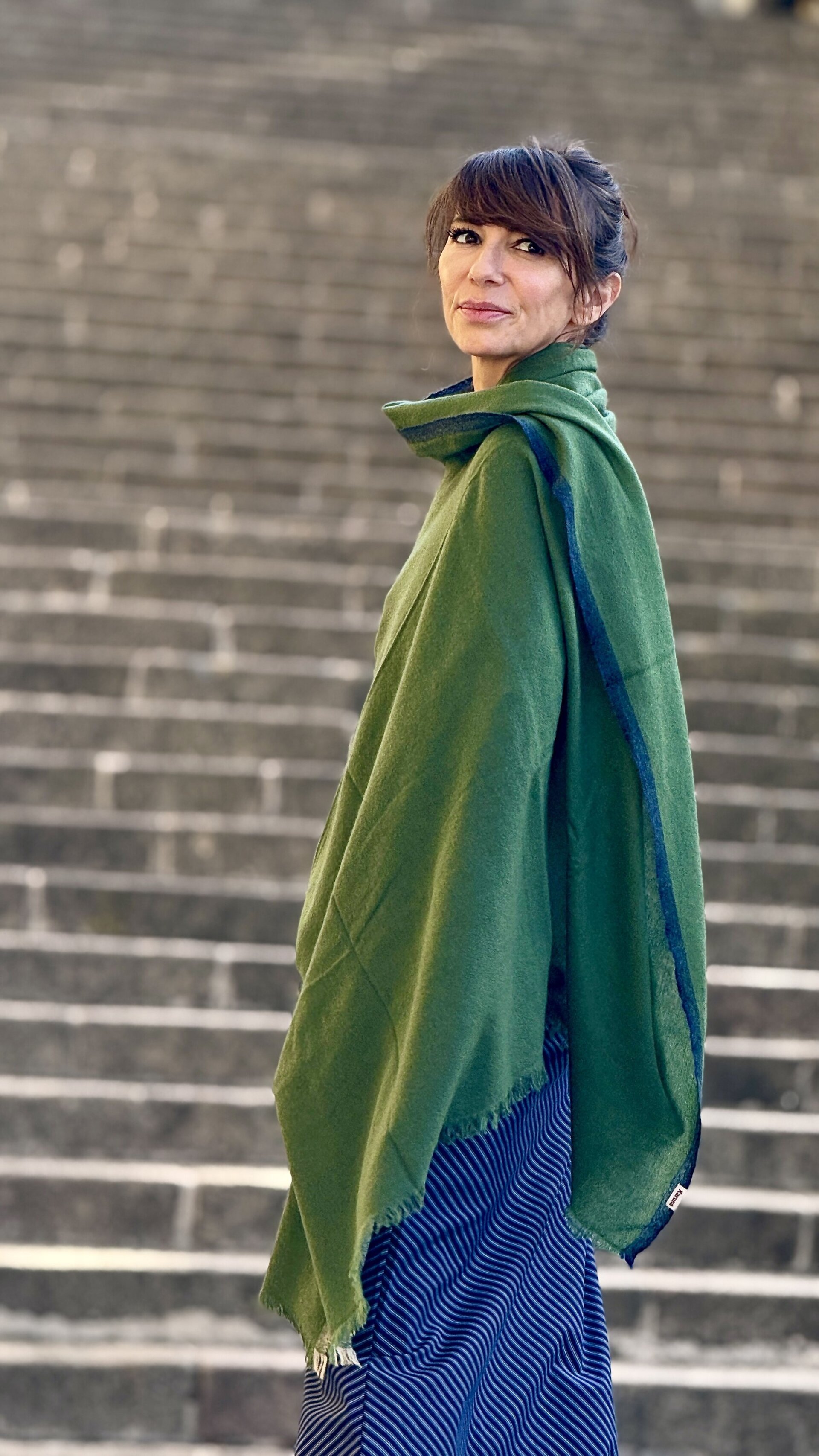 Chal Cashmere Verde con ribetes Azul y Gris - 1